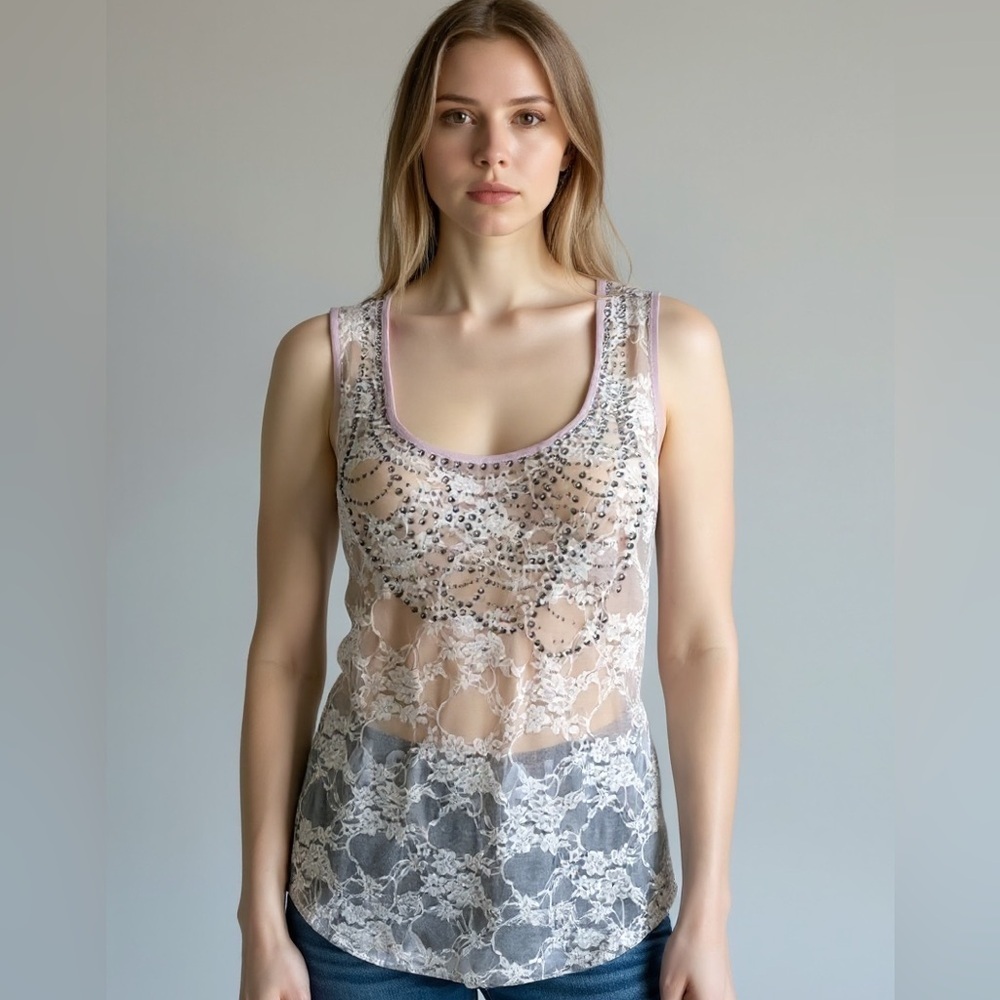Charlotte Russe sheer mash floral/rose print top/blouse L tan sleeveless - Picture 2 of 16